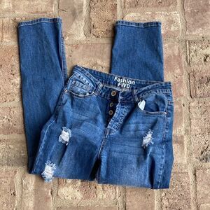 Fashion FWD High Rise Button Fly Five Pocket Distressed Jeans Juniors 11/30